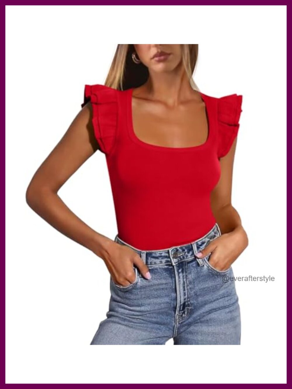 Square Neck Ruffle Sleeve Slim Fit Tank Top Summer